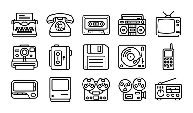 Retro Technology Icons Set: Vintage Communication, Audio, and Computing Devices, 15 Vector Graphics for Nostalgic Design