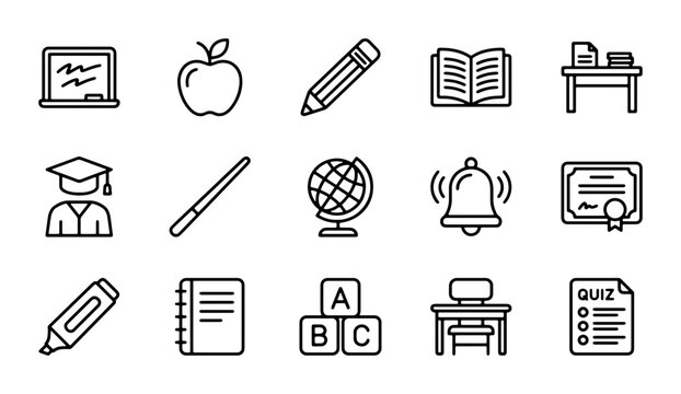 Education Icons Set: School Supplies, Learning Tools, Academic Symbols, 15 Vector Elements