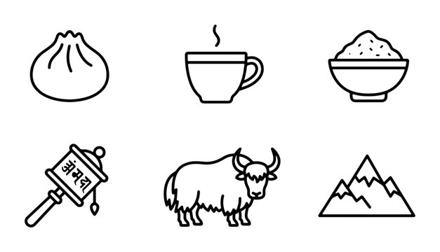 Nepal Icons Set: Dumpling, Hot Drink, Rice Bowl, Prayer Wheel, Yak, Mountain Landscape