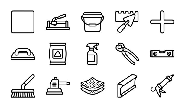 Tiling Tools and Materials Vector Icons: Construction, Renovation, DIY Projects