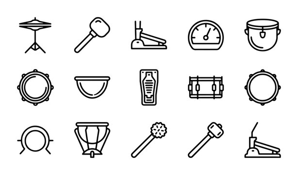Drum Kit Icons, Music Percussion Vector Elements, Musical Instrument Set, Audio Equipment Graphics
