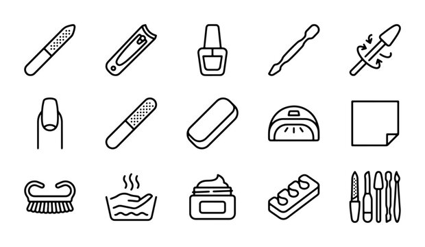 Nail Care Icons Set, Manicure Tools Vector Graphics, Beauty Salon Equipment Collection