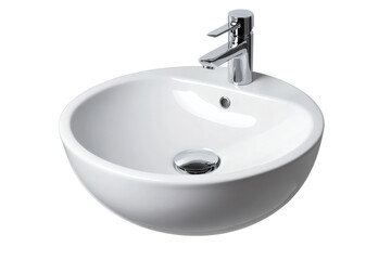 Fototapeta premium Ceramic round vessel bathroom wash basin with modern chrome mixer tap and polished drain fitting on transparent background