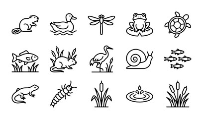 Pond Life Icons Set: Beaver, Duck, Frog, Turtle, Fish, Heron, Snail, Lizard, Insect, Dragonfly, Cattails, Water Droplets © Noshin