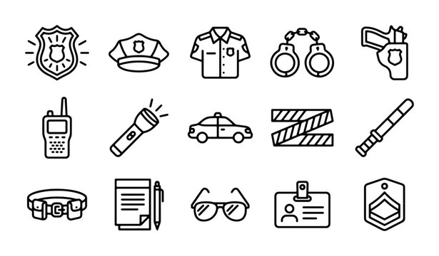 Police Icons Set: Law Enforcement Symbols, Justice, Security, Crime Fighting Equipment, Vector Graphics