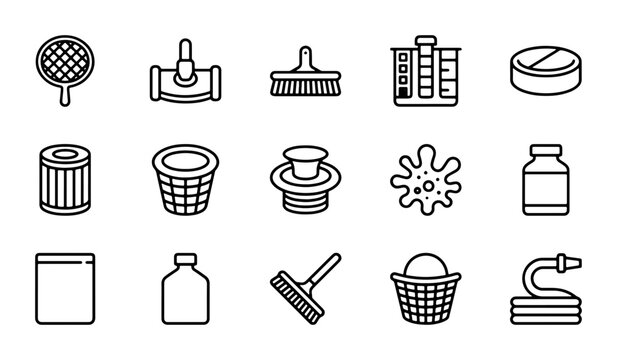Pool Maintenance Icons: Cleaning Tools, Filters, and Water Treatment Vector Set