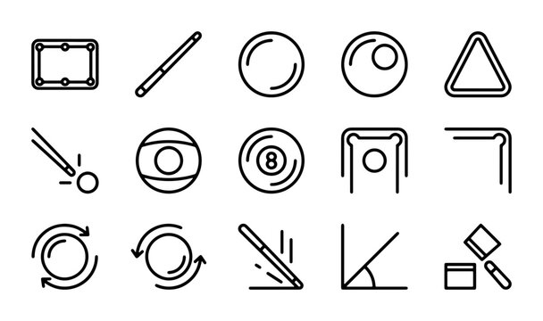 Billiard Icons Set, Pool Game Symbols, Cue Stick and Balls Vector Graphics, Sports Club Elements