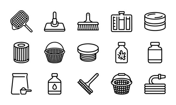 Pool Maintenance Icons Set, Water Care Equipment Vector Graphics, Cleaning Tools Collection