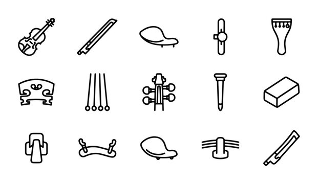 Violin Accessories Icons, String Instrument Parts, Music Equipment Line Art Set