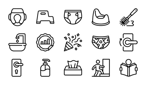 Baby Potty Training Icons, Toddler Care Essentials, Bathroom Hygiene, Child Development Graphics