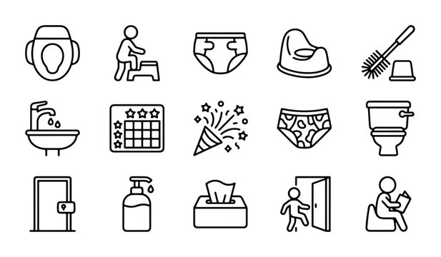 Potty Training Icons Set, Baby Care Vector Graphics, Toddler Essentials Collection