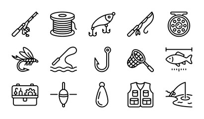 Fishing Icons Set: Rods, Reels, Lures, Nets, Tackle Box, Vest, Bobbers, Fish © Sabiha