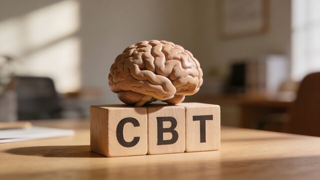 A human brain model floating above wooden blocks spelling CBT, representing Cognitive Behavioral Therapy as an effective psychological treatment for mental health wellness and healing