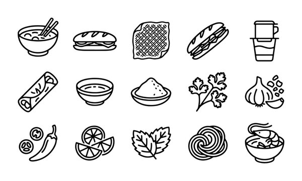 Vietnamese Food Icons, Pho Soup, Banh Mi Sandwich, Spring Rolls, Coffee, Ingredients, Vector Set