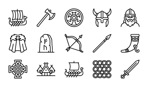 Viking Icons Set, Norse Mythology Symbols, Medieval Warrior Elements, Scandinavian Culture Graphics