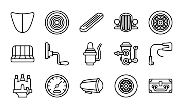 Retro Car Parts Icons, Vintage Automotive Elements, Classic Vehicle Components, 15 Vector Graphics