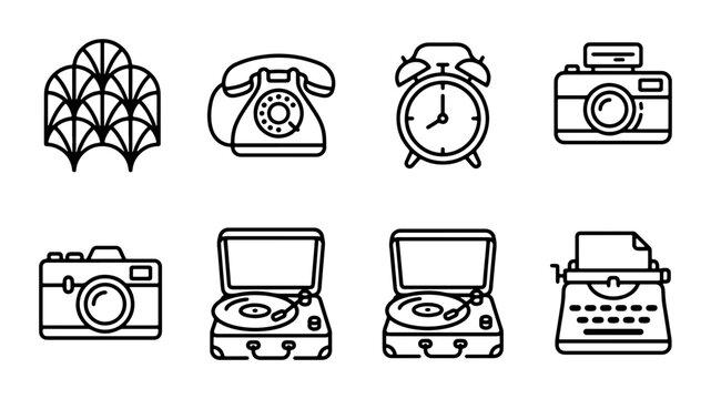 Retro Icons Set: Vintage Camera, Rotary Phone, Record Player, Typewriter, Alarm Clock