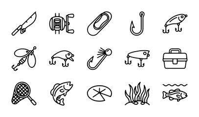 Fishing Icons Set: Vector Graphics for Angling, Lures, Rods, Reels, Nets, and Fish © Oishi