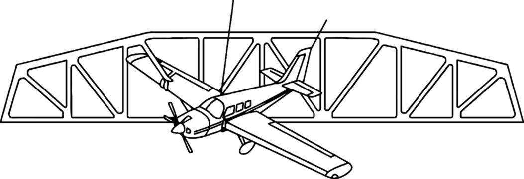 Vintage biplane crashing into metal truss bridge structure.