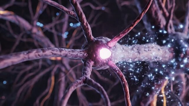 Ultra detailed cinematic visualization of human neurons transmitting electrical signals through a complex nervous system realistic glowing synapses branching dendrites and luminous axons connected ins