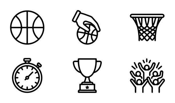 Basketball Icons Set: Trophy, Stopwatch, Net, Ball, Team Celebration, Sports Graphics