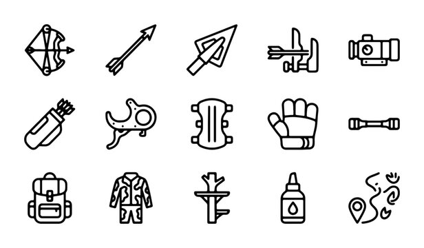 Archery Equipment Icons Set, Bows, Arrows, Targets, Hunting Gear, Outdoor Sport Vector Graphics