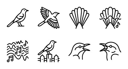 Minimalist Bird Icons Set, Singing Wildlife Vector Graphics, Nature Music Symbols Collection
