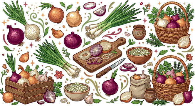 Fresh Onion Harvest Illustration with Organic Red and White Onions, Spring Onions, Rustic Baskets, Farm Produce, and Healthy Food Ingredients