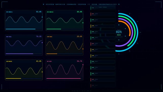 A digital cloud infrastructure node display shows fluctuating system metrics on three separate monitor panels with glowing green yellow orange and purple wave graph lines