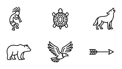 Obraz premium Native American Icons: Kokopelli, Turtle, Wolf, Bear, Eagle, Arrow Set