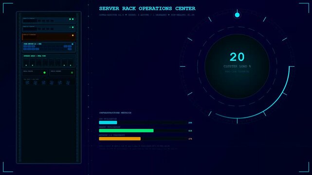 A digital cloud infrastructure node display shows varying cluster load percentages within a dark blue interface featuring glowing circular metrics and server rack equipment status