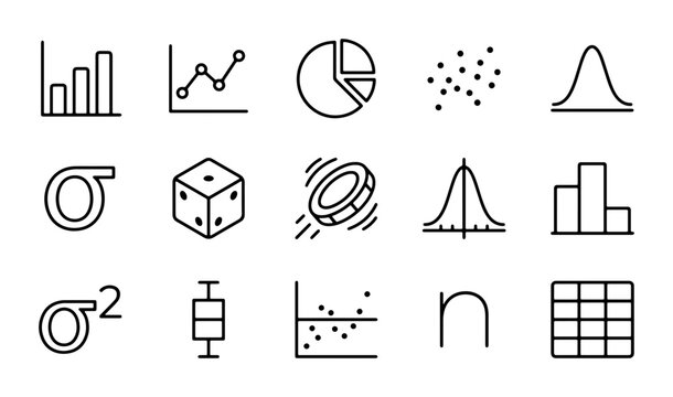 Statistical Icons Set: Data Analysis, Probability, Charts, Graphs, Distribution, Metrics