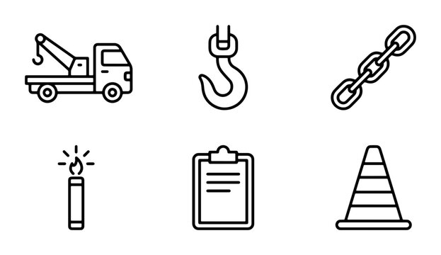 Tow Truck, Crane Hook, Chain Link, Sparkler, Clipboard, Traffic Cone Icons. Vector Set.