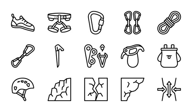 Climbing Gear Icons Set, Rock Climbing Equipment Vector Collection, Outdoor Adventure Sports Symbols