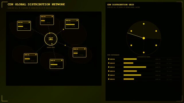A complex cloud infrastructure node visualized through animated digital interface screens displaying network data flow patterns in a minimalist glowing golden color palette for monitoring systems