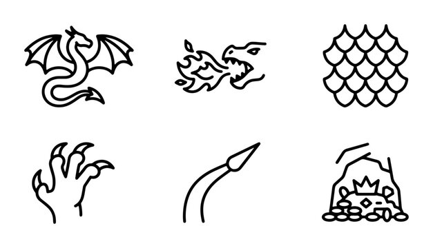 Dragon Icons Set, Mythical Creature Vector Graphics, Fantasy Elements Collection