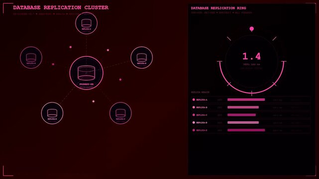 A digital cloud infrastructure node display updates with magenta data visual circles and glowing network metrics flowing across three segmented panels showing system replication performance