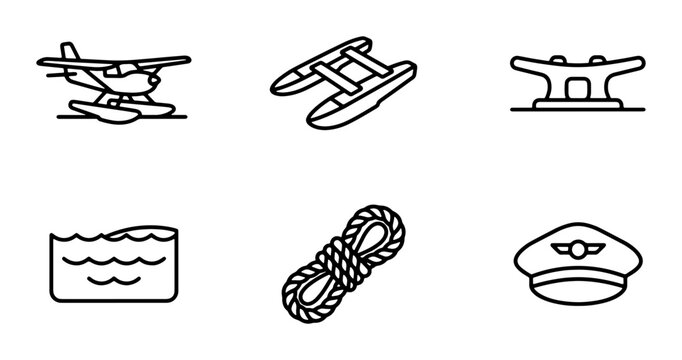 Nautical and Aviation Icons: Seaplane, Catamaran, Cleat, Water, Rope, Pilot Hat