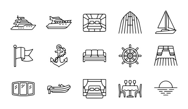 Nautical Icons Set: Yacht, Sailboat, Anchor, Flag, Ship Wheel, Cruise Ship, Dining Table