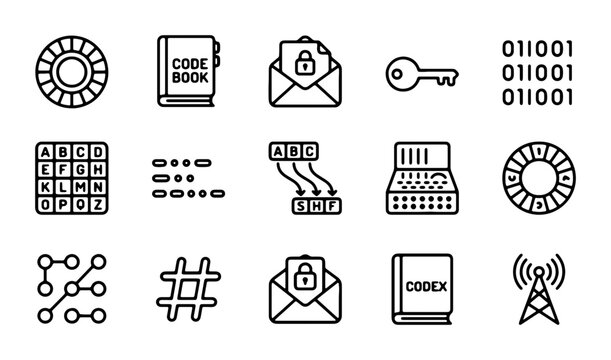 Cybersecurity Icons Set: Encryption, Codebook, Key, Binary Data, Network Security