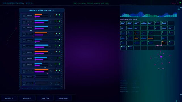 A glowing cloud infrastructure node dashboard showing server status metrics with active data connections and digital bar graphs inside a dark abstract virtual monitoring system interface