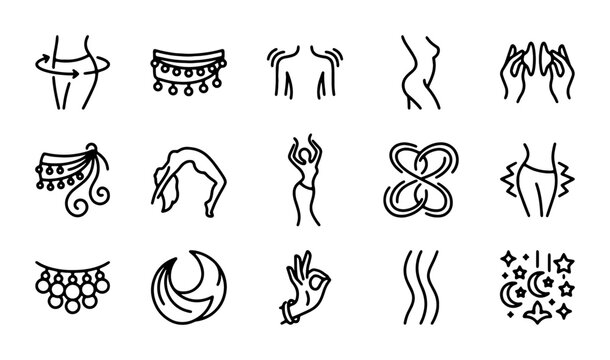 Belly Dance Icons Set: Female Body, Movement, Jewelry, Moon, Stars, Yoga Poses