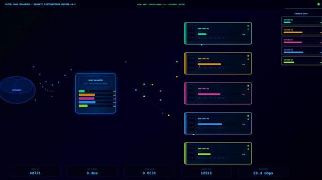 A digital cloud infrastructure node display shows constant server traffic metrics with multiple data blocks shifting across a dark screen interface during active monitoring sessions.