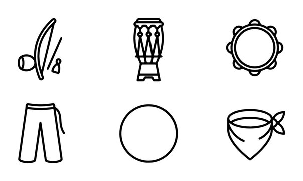 Capoeira Icons Set, Brazilian Martial Art Symbols, Berimbau, Drum, Tambourine, Pants, Circle, Bandana