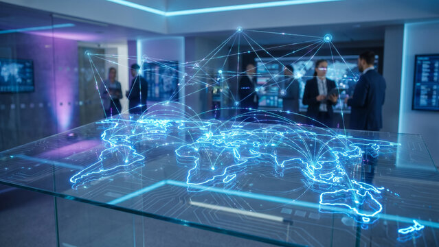 Global Business Network Concept
World map made of glowing connections, digital communication lines, global business network, technology innovation theme, blue neon lights, futuristic corporate design,
