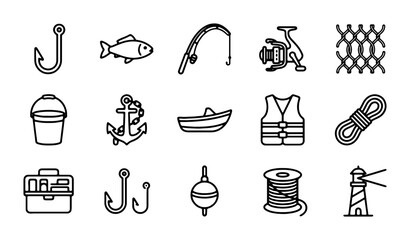 Fishing Icons Set: Vector Graphics for Angling, Outdoor Recreation, and Nautical Themes © Mitu