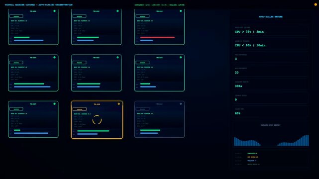 A digital cloud infrastructure node display shows real time system performance metrics within a glowing interface featuring dark blue panels and glowing data visualization elements