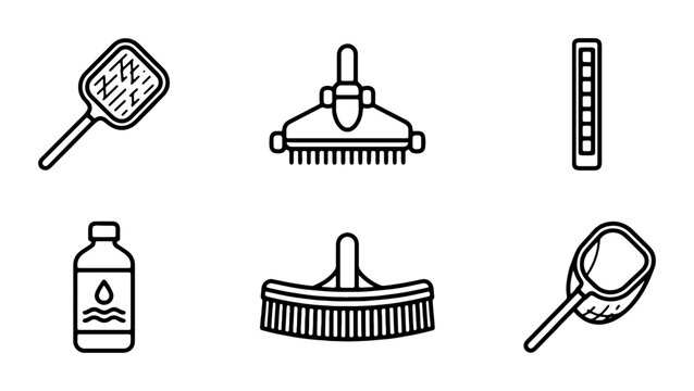 Pool Cleaning Icons, Water Maintenance Tools Set, Swimming Pool Care Equipment Vector Graphics