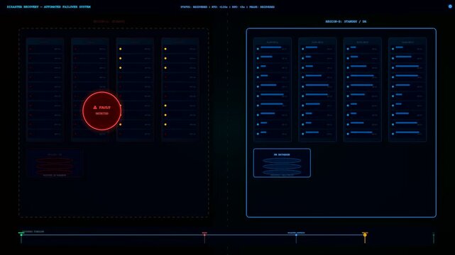 A digital cloud infrastructure node display shows system failure status sequences as dark network server banks transition through critical state alerts in this motion graphic animation