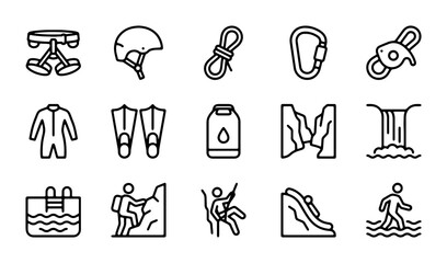 Adventure Sports Icons: Climbing, Water Activities, Safety Gear Vector Set © Rukaiya